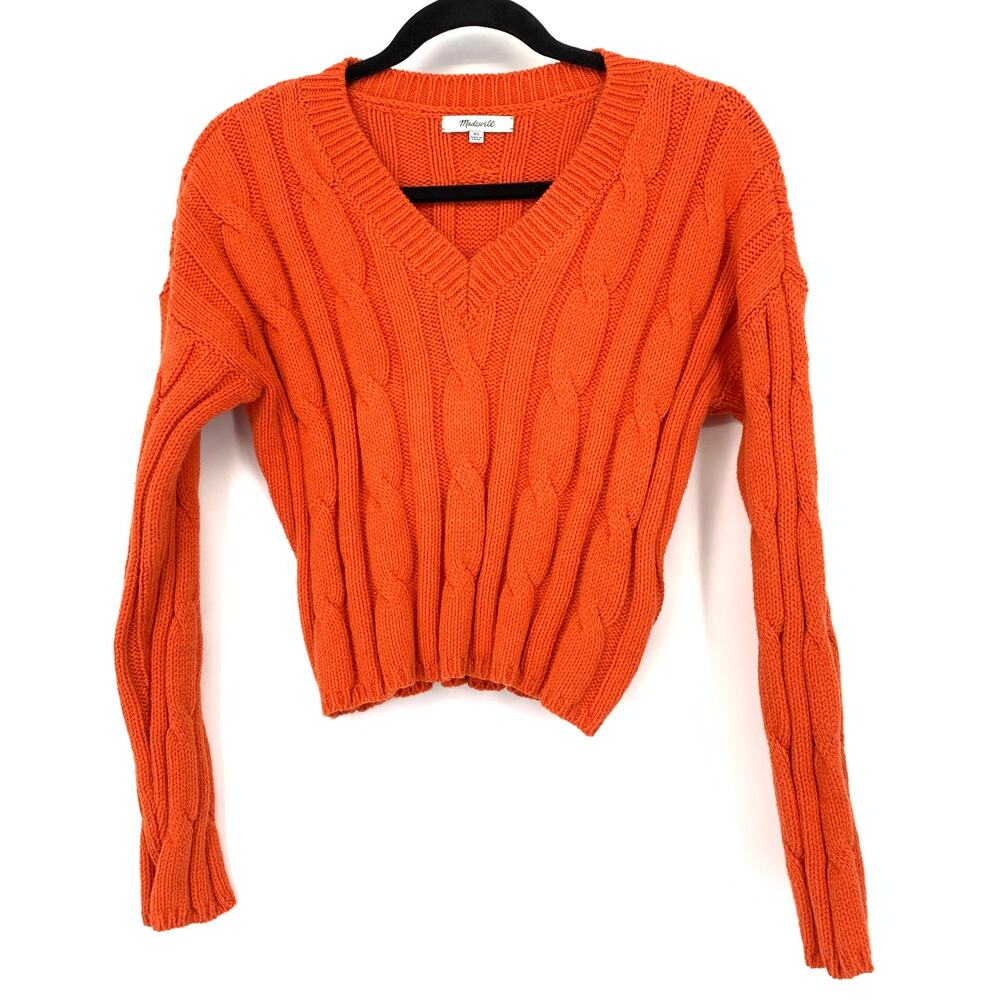 Madewell Orange Cable-Knit V-Neck Sweater